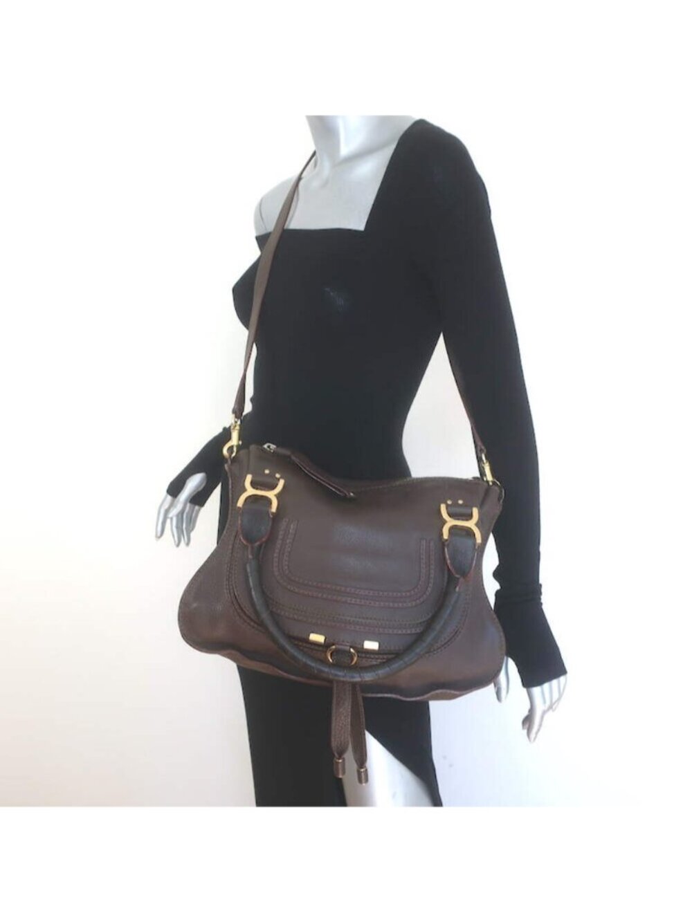 Chloe Marcie Medium Satchel Dark Brown Grained Leather Shoulder Bag